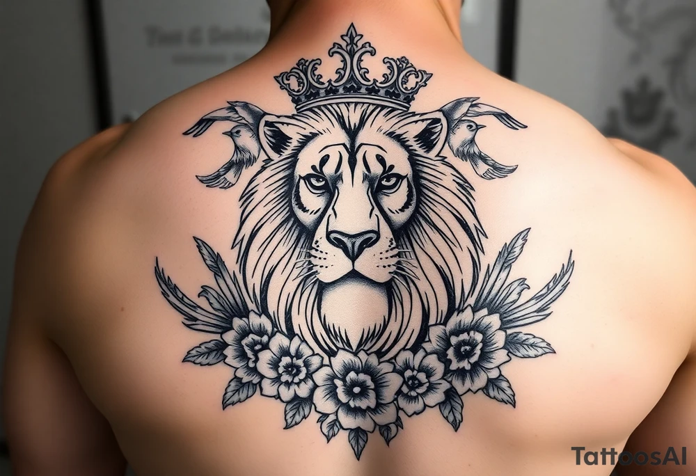 powerful majestic lion with a crown, surrounded by floral ornaments and birds tattoo idea