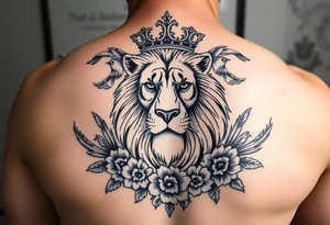 powerful majestic lion with a crown, surrounded by floral ornaments and birds tattoo idea