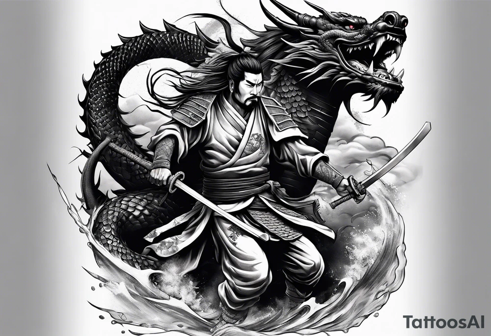 a japanese samurai fighting a dragon in battle tattoo idea