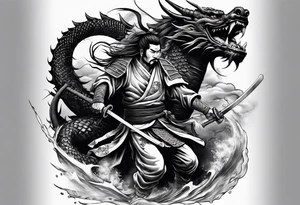 a japanese samurai fighting a dragon in battle tattoo idea