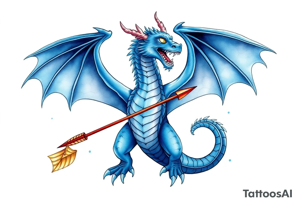 Blue fire breathing dragon with wings spread and an arrow through its chest tattoo idea