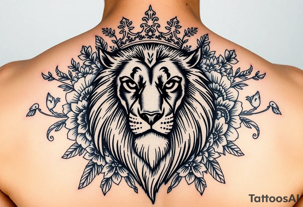 powerful majestic lion with a crown, surrounded by floral ornaments and birds tattoo idea