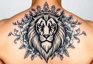 powerful majestic lion with a crown, surrounded by floral ornaments and birds tattoo idea