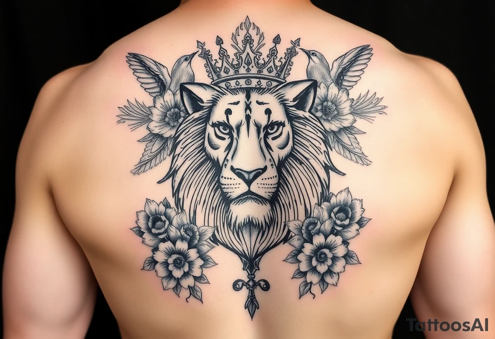 powerful majestic lion with a crown, surrounded by floral ornaments and birds tattoo idea