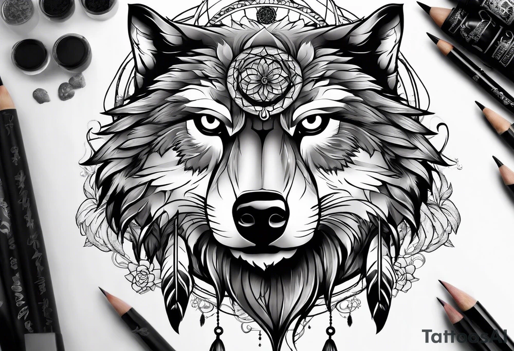 full sleeve with owl, wolf, beaver, and dream catcher tattoo idea