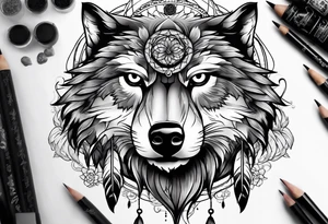 full sleeve with owl, wolf, beaver, and dream catcher tattoo idea