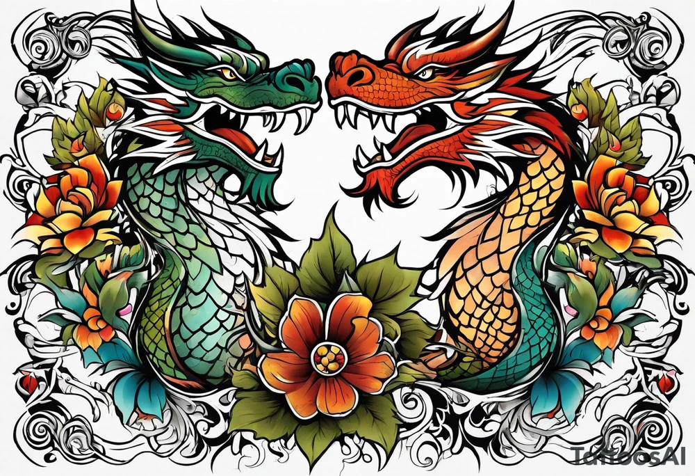 roaring dragons painted with Anishinaabe floral all over tattoo idea