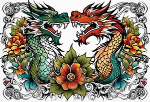 roaring dragons painted with Anishinaabe floral all over tattoo idea