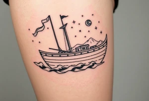 Nordic boat with cosmic sky and celestial details tattoo idea