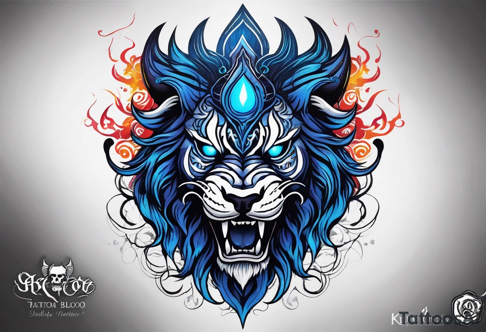 a demonic face with blue flames as majestic crown, deep set glowing galaxy styled eyes, skull faced with slightly open mouth and slight sliver of fangs. he is a royal blood like archangel, instead of hair, he has lion's styled mane of flames and braids of koru style. tattoo idea