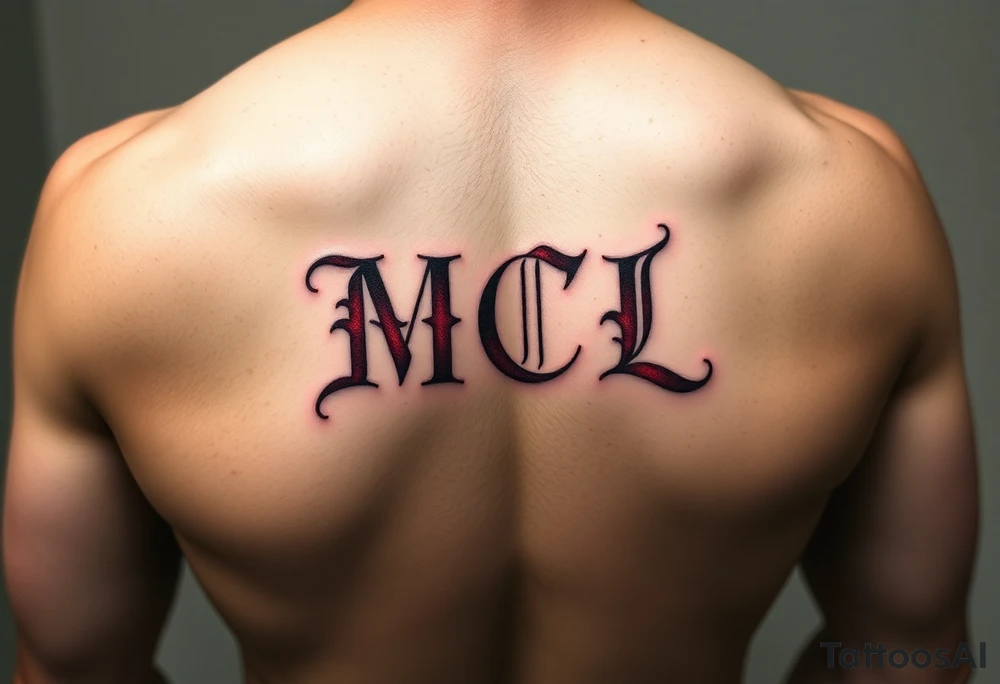 realistic tattoo design of "MCL" on upper left  side of chest, shaded to look as if tattoo was carved into the skin, red and black tattoo idea