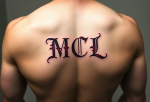 realistic tattoo design of "MCL" on upper left  side of chest, shaded to look as if tattoo was carved into the skin, red and black tattoo idea
