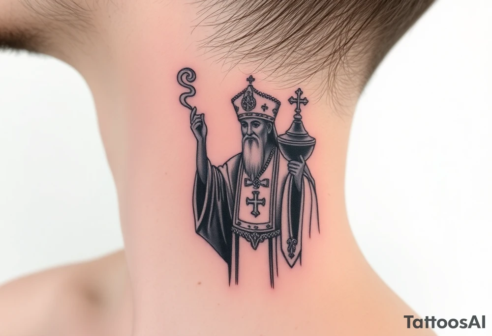 Russian Orthodox Priest in a fully detailed gold vestment swinging a censer with smoke curling upward tattoo idea