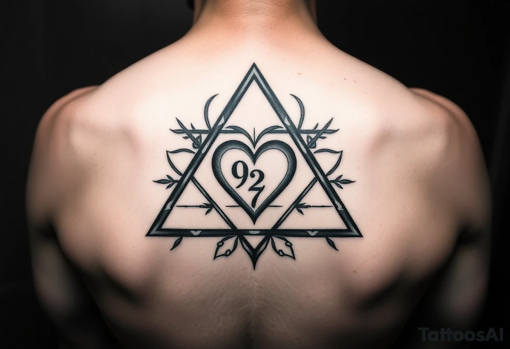A triangle with a heart over the middle of the center with a 9, 2 and 7 tattoo idea