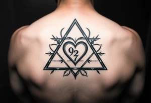 A triangle with a heart over the middle of the center with a 9, 2 and 7 tattoo idea