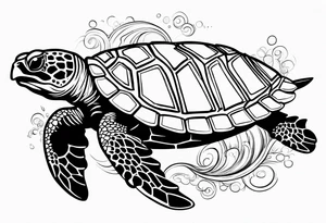 Hawksbill turtle swimming, side view, scuba diving tank attached to turtles back tattoo idea