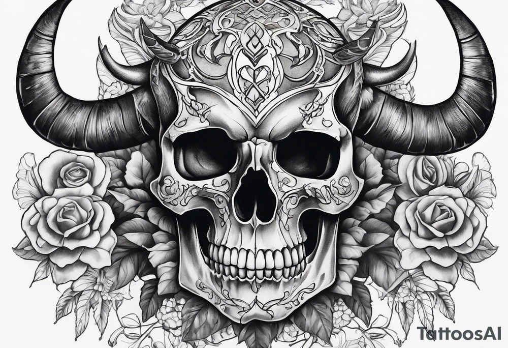 Full body torso tattoo, taurus skull with curved horns on the chest, ripping bone and skin on the shoulders and chest area, rib cage skeleton, skull moth on the stomach with a small skull underneath tattoo idea