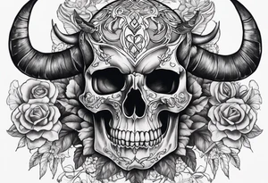 Full body torso tattoo, taurus skull with curved horns on the chest, ripping bone and skin on the shoulders and chest area, rib cage skeleton, skull moth on the stomach with a small skull underneath tattoo idea