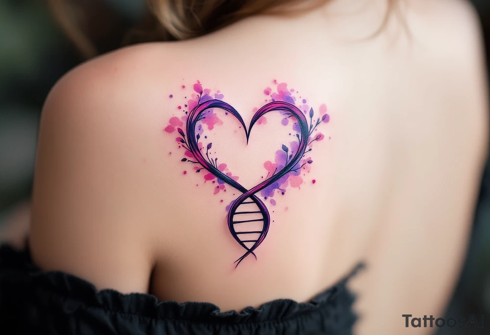 A stylized DNA helix in violet and pink forming a heart pays tribute to the biological and emotional bonds of motherhood. tattoo idea