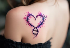 A stylized DNA helix in violet and pink forming a heart pays tribute to the biological and emotional bonds of motherhood. tattoo idea