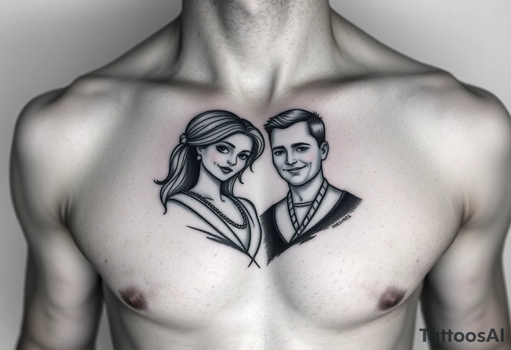 chest tattoo resembling wife and kids tattoo idea