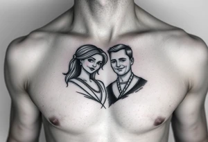 chest tattoo resembling wife and kids tattoo idea