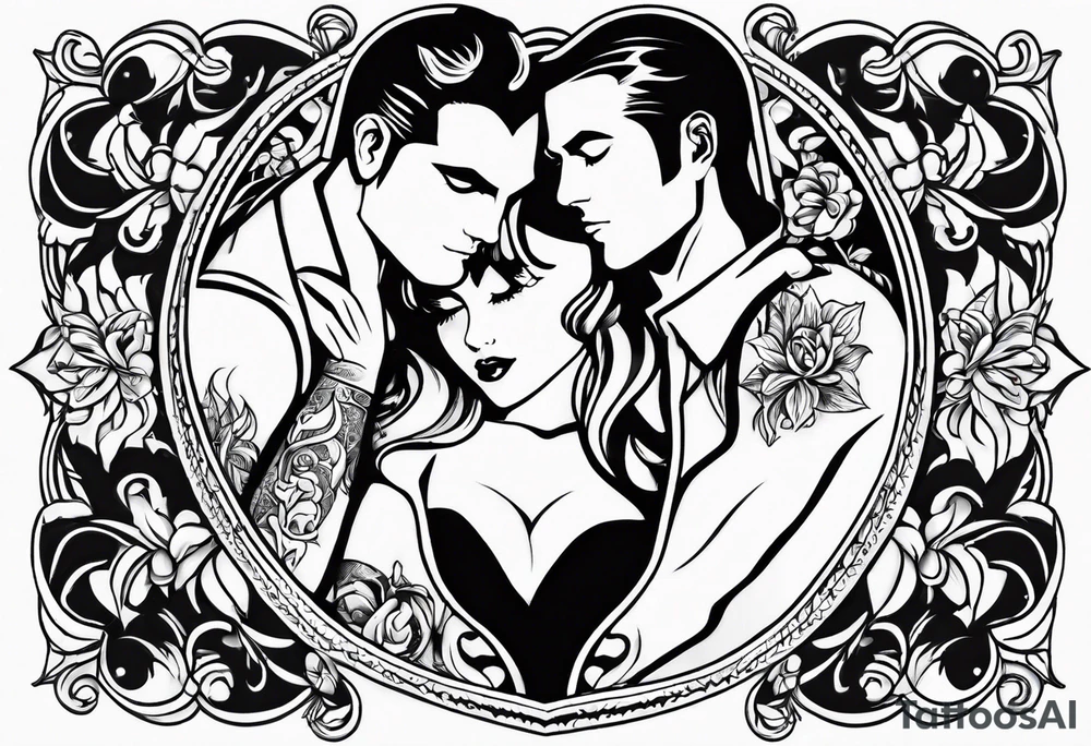 necklace heart locket with a male and female shadow hugging tattoo idea