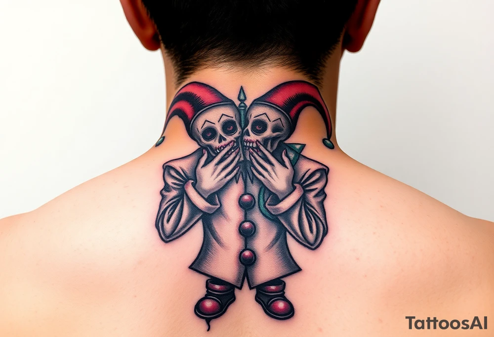 a toxic jester coupple standing behind each other holding cheeks up to smile tattoo idea