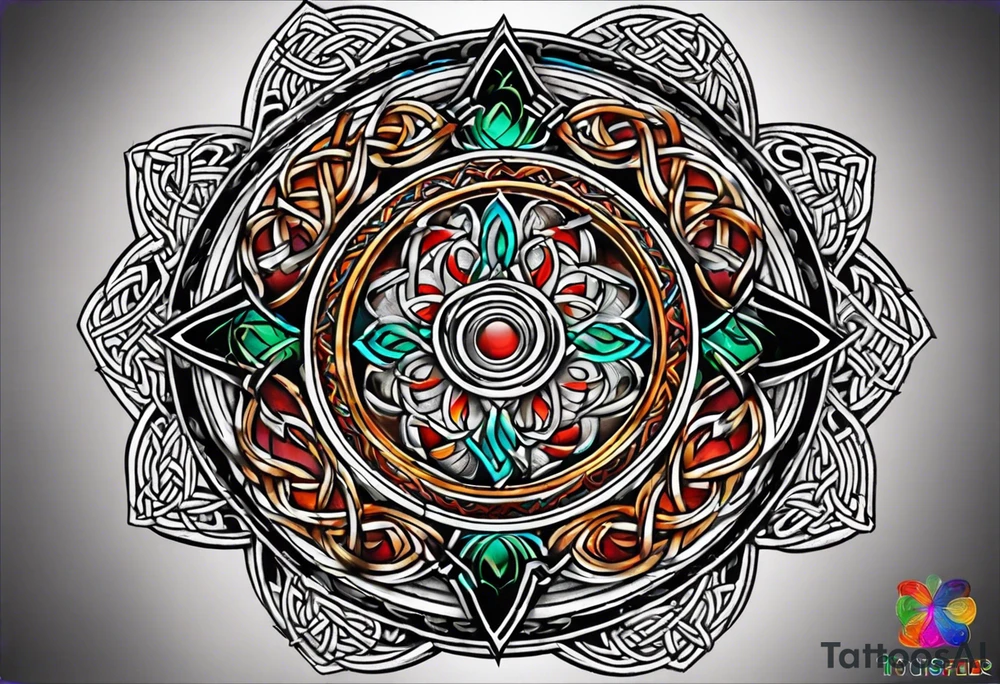 Small circular 3d colored shoulder Celtic tattoo tattoo idea