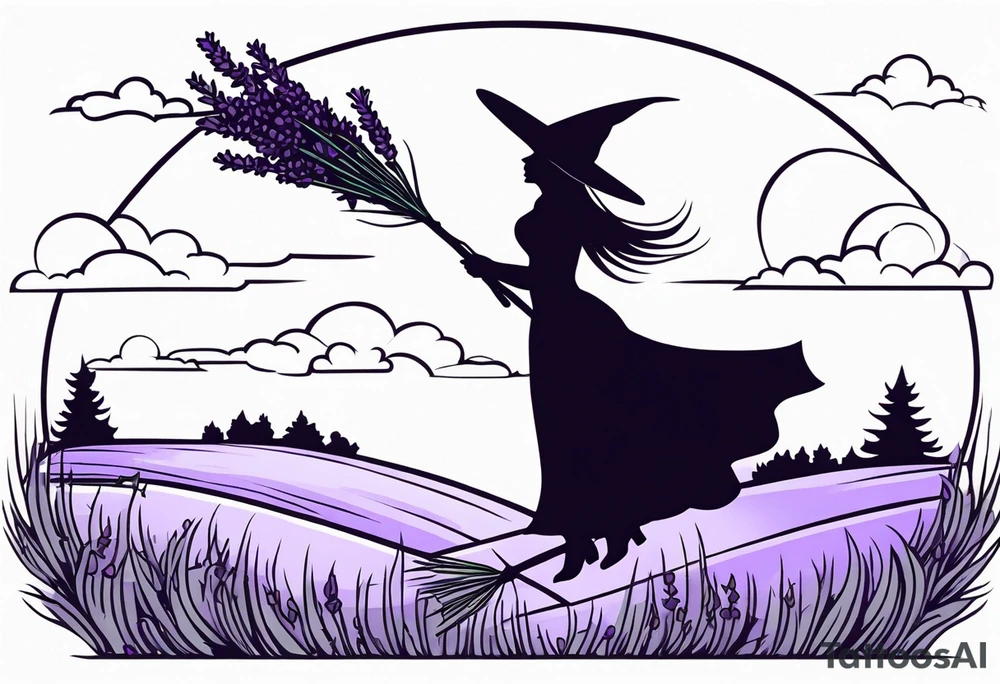 Witch on a broom flying over a field of lavender tattoo idea