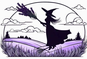 Witch on a broom flying over a field of lavender tattoo idea