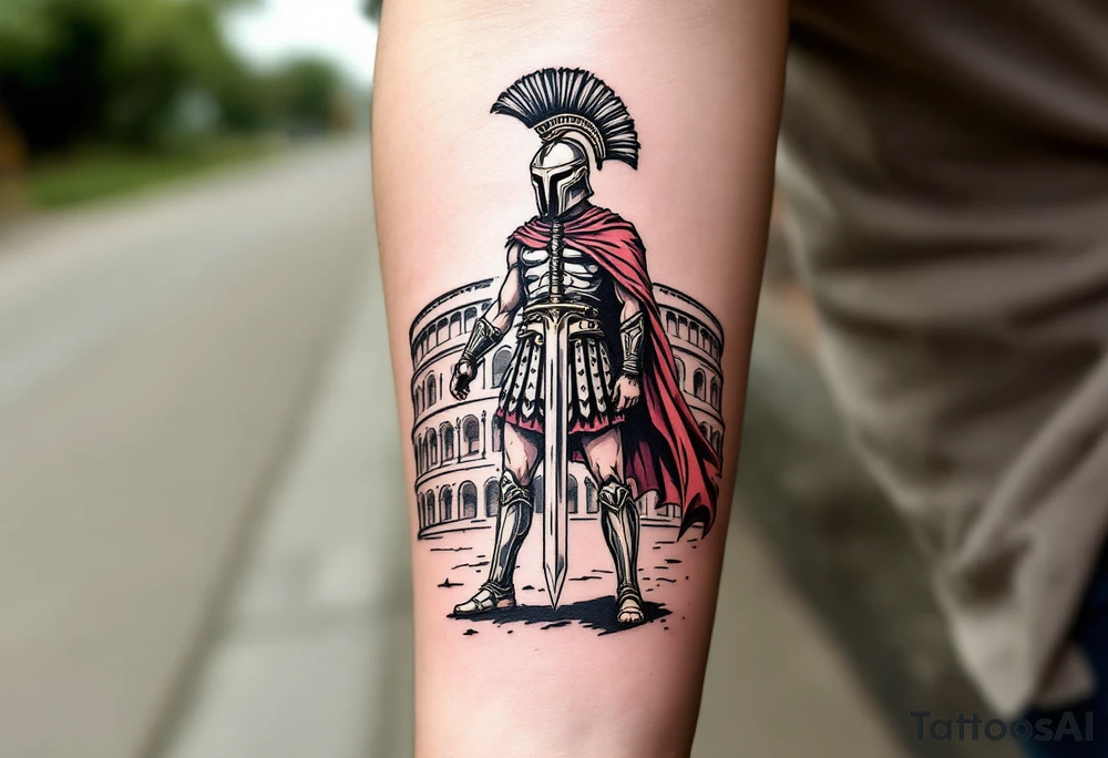 gladiator standing colosseum interior combat sword helmet cape sand wind tattoo idea