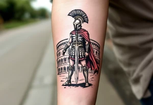 gladiator standing colosseum interior combat sword helmet cape sand wind tattoo idea