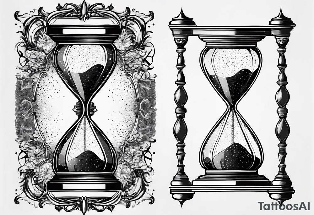 ornate hourglass, long, cosmic stardust, masculine, minimalist, tattoo idea