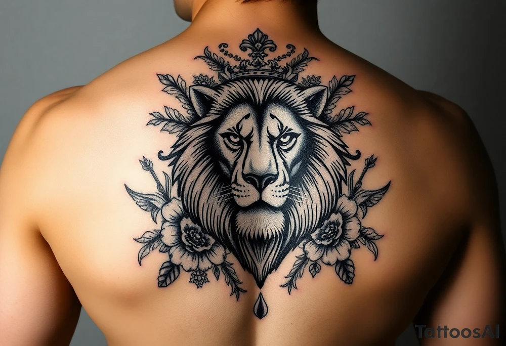 powerful majestic lion with a crown, surrounded by floral ornaments and birds tattoo idea