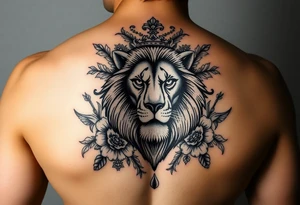 powerful majestic lion with a crown, surrounded by floral ornaments and birds tattoo idea