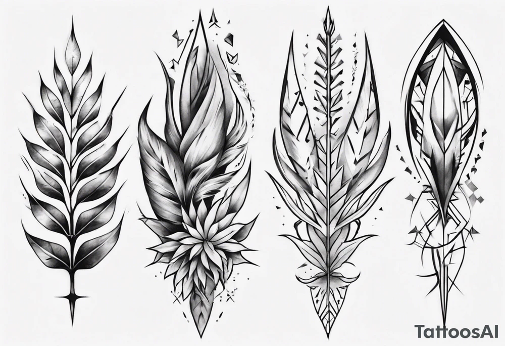 full arm. pointy leaves and geometric shapes tattoo idea