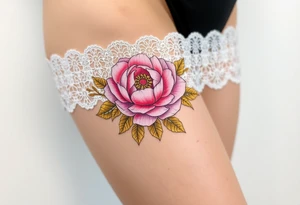 lace garter tattoo with pastel pink peony and petals with golden leaves tattoo idea