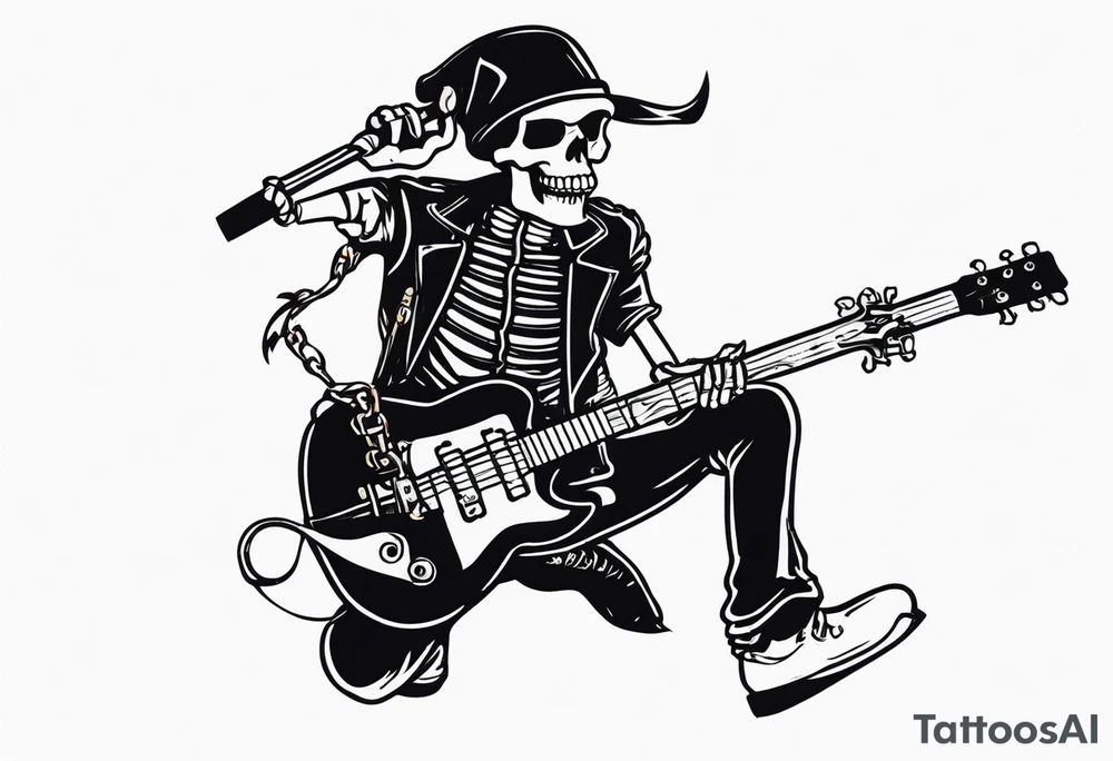 A rockstar skeleton performing and doing metal horns. tattoo idea