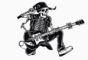 A rockstar skeleton performing and doing metal horns. tattoo idea