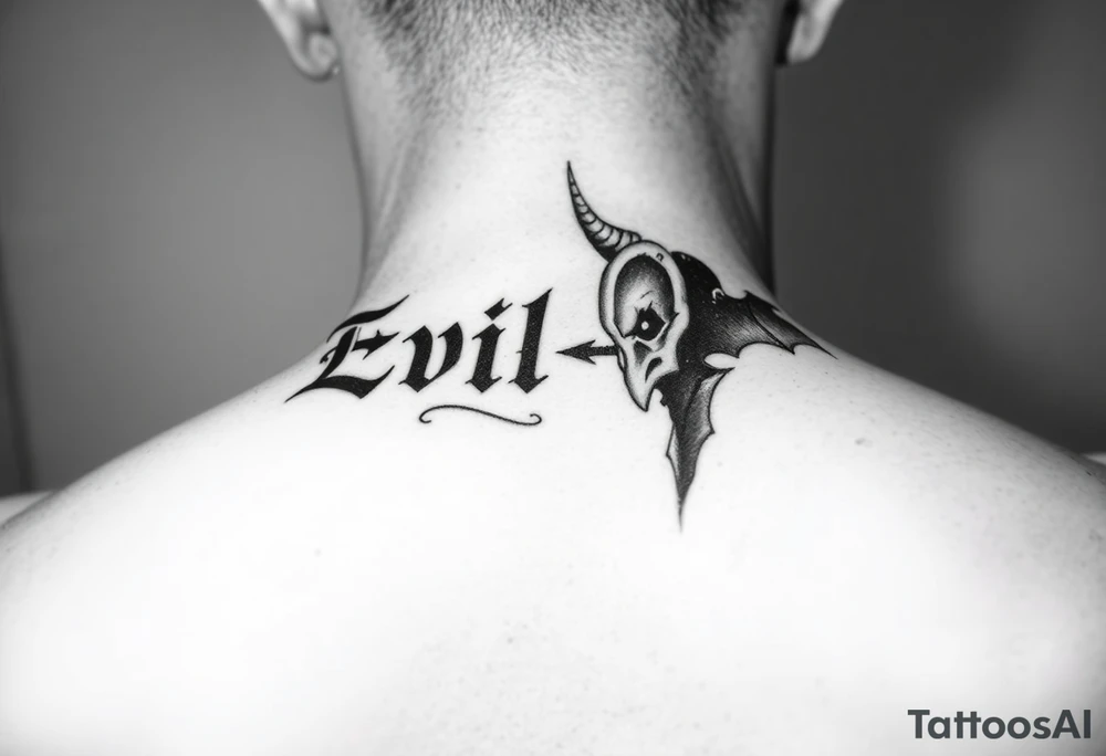 Bold. cover up .saying Evil Side from ear to ear on front of neck. black and white . Devil whisper in ear tattoo idea