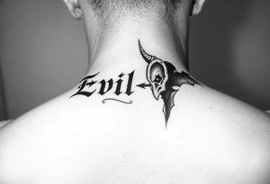 Bold. cover up .saying Evil Side from ear to ear on front of neck. black and white . Devil whisper in ear tattoo idea