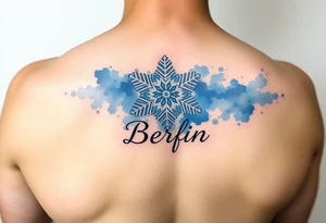 A white snowflake on Blue watercolor backround and the name „Berfin“ in it tattoo idea