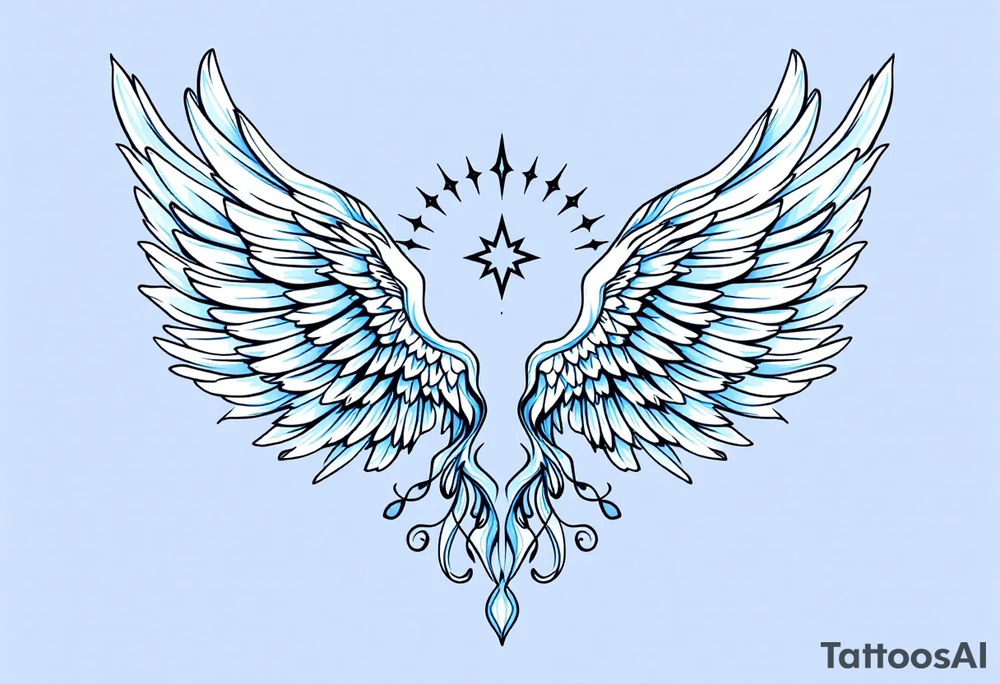 A graceful guardian angel with large feathered wings. The color palette includes light blue, silver, and soft white, symbolizing Virgo’s protective and pure energy. tattoo idea