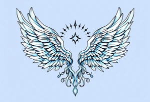 A graceful guardian angel with large feathered wings. The color palette includes light blue, silver, and soft white, symbolizing Virgo’s protective and pure energy. tattoo idea