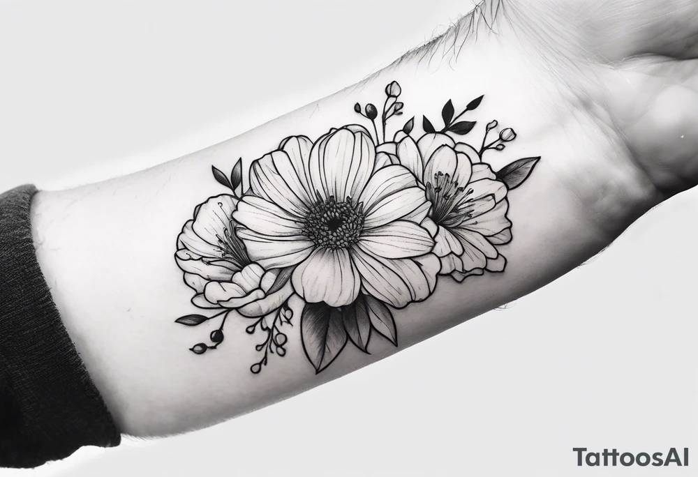 Man’s forearm tattoo with September birth flowers and the verse Ephesians 5:25 tattoo idea