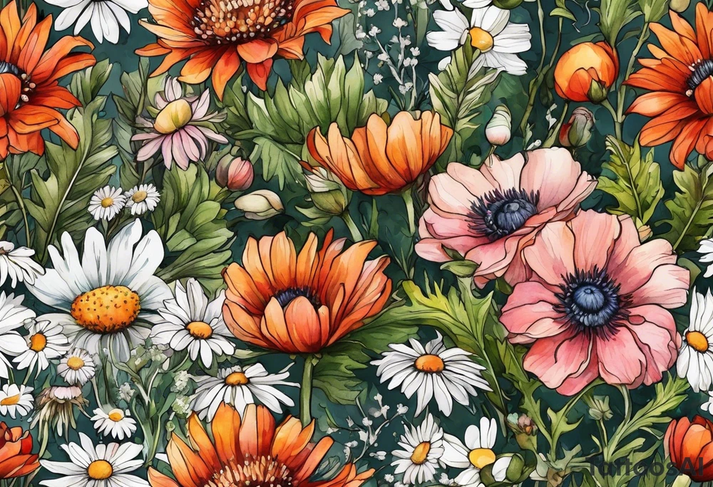 wildflowers with thistles, ferns, white anemones, sun flowers, orange flowers, green flowers, pink flowers, red flowers, babys breath and daisies all in watercolor tattoo idea