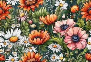 wildflowers with thistles, ferns, white anemones, sun flowers, orange flowers, green flowers, pink flowers, red flowers, babys breath and daisies all in watercolor tattoo idea