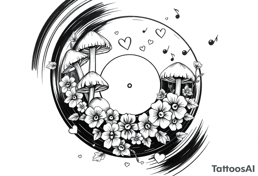 vinyl record with mushrooms, flowers, hearts, and music notes tattoo idea