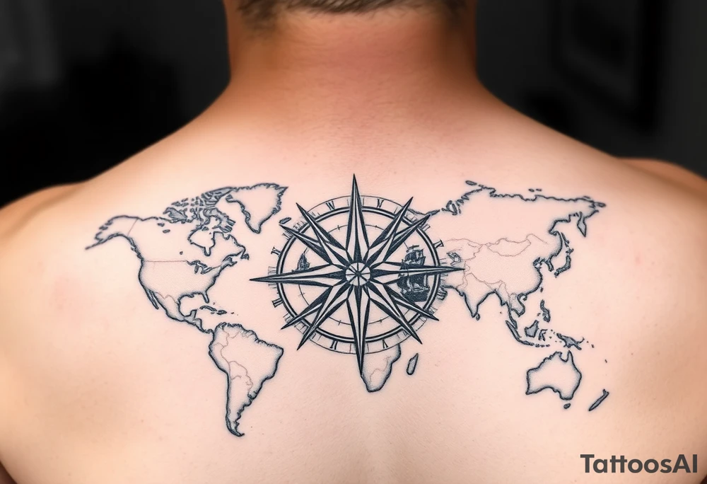 antique compass rose overlaid on weathered world map with sailing ships tattoo idea